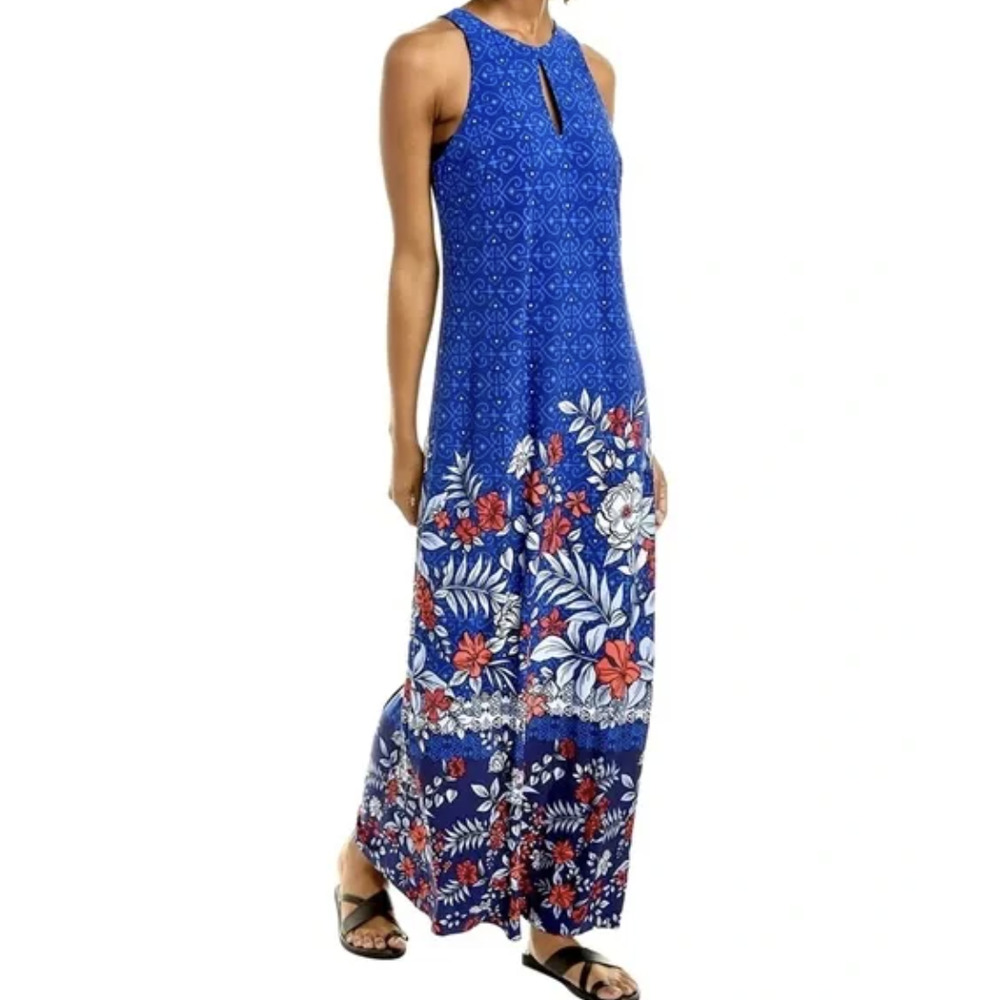 $188 Tommy Bahama Womens MED Geo Garden Carmela Jersey Maxi Dress Island Navy Bl